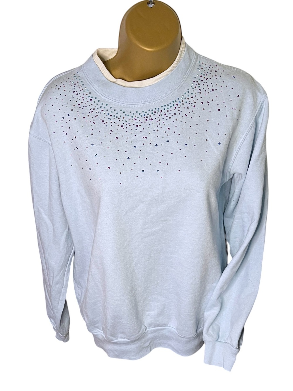 Vintage 90s Top Stitch by Morning Sun Rhinestone Sweatshirt Light Blue S
